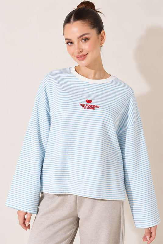 Çizgili Önü Nakışlı Sweatshirt Mavi