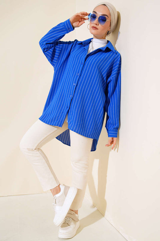 Striped Oversize Back Pleated Shirt Blue