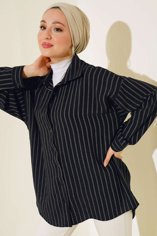 Striped Oversize Pleated Back Shirt Black