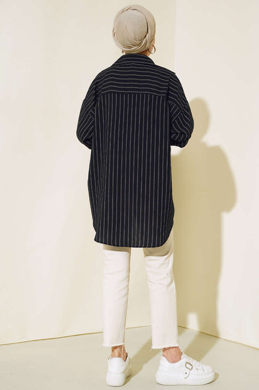 Striped Oversize Pleated Back Shirt Black