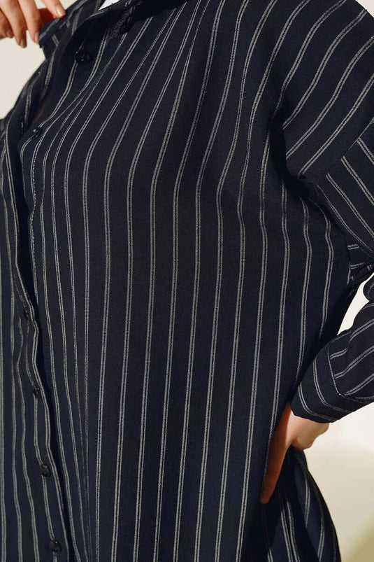 Striped Oversize Pleated Back Shirt Black