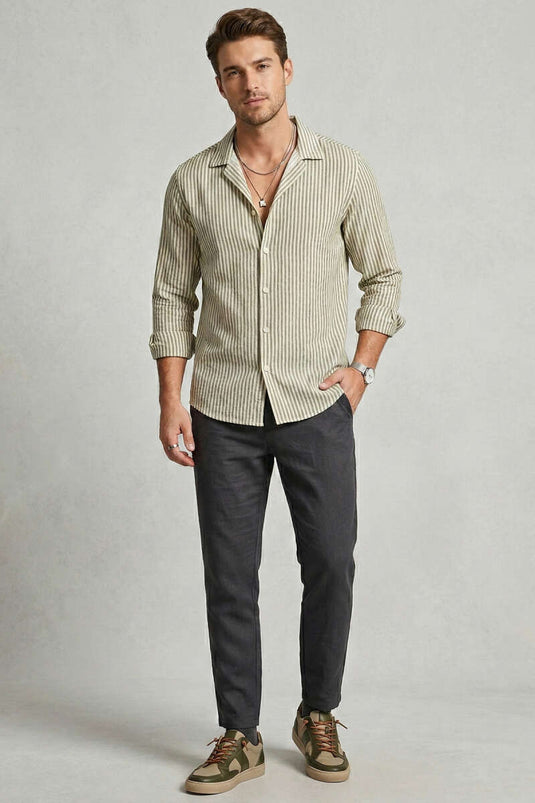 Striped Oversize Men's Shirt Khaki