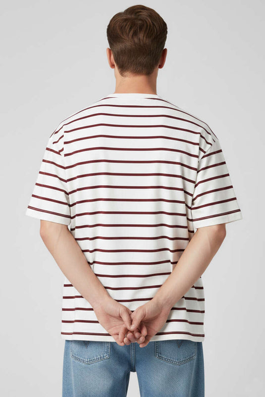 Çizgili Oversize Erkek T-shirt Bordo