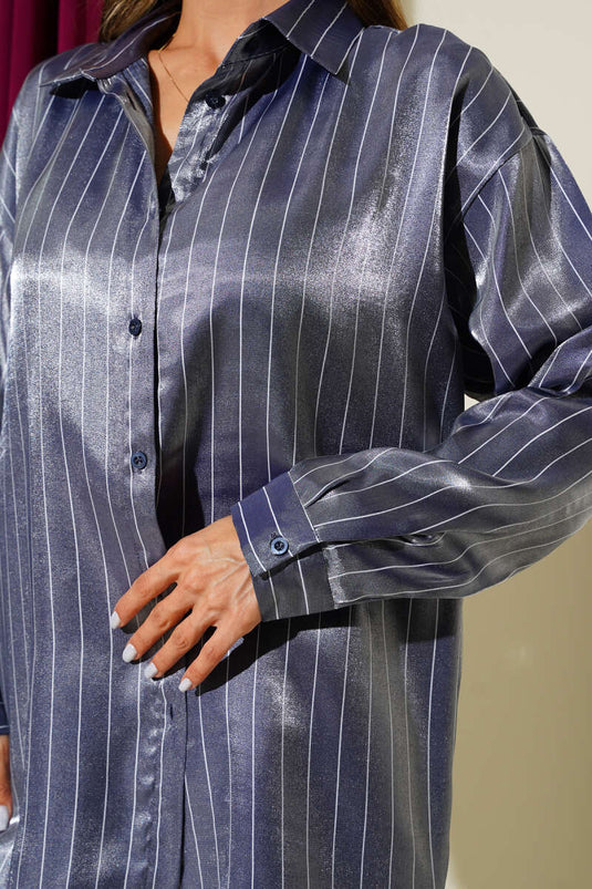 Striped Shiny Satin Loose-Fitting Shirt Navy Blue
