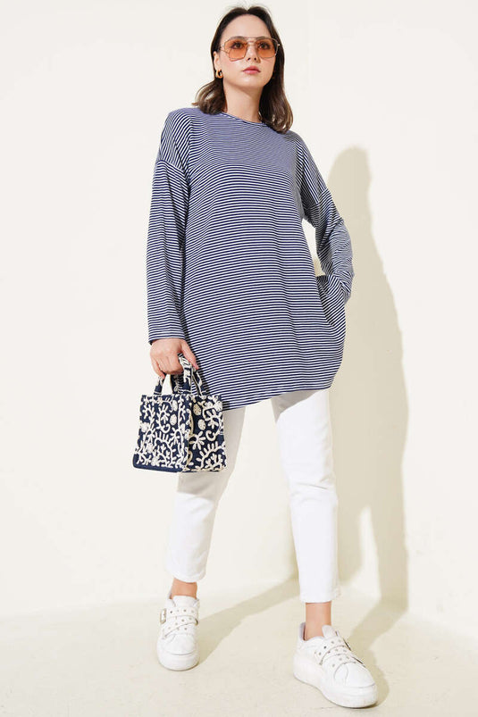 Tunique rayée en coton peigné bleu marine