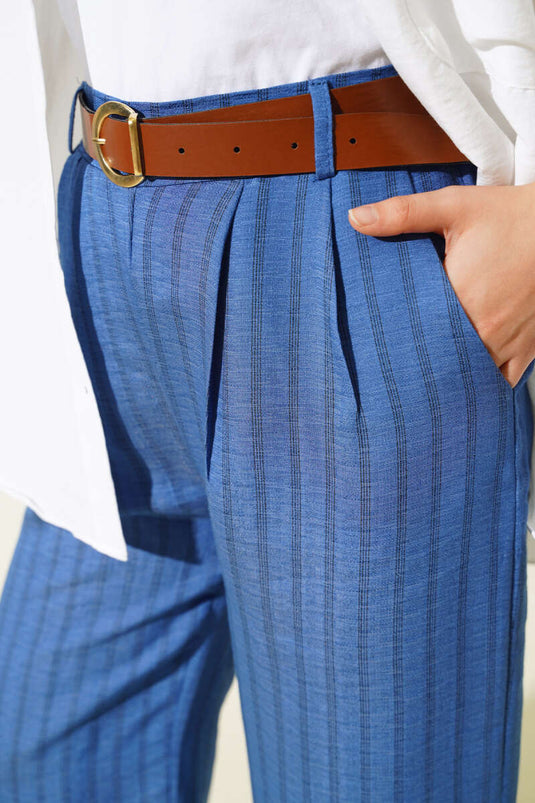 Pantalon Large Plissé Rayé Indigo