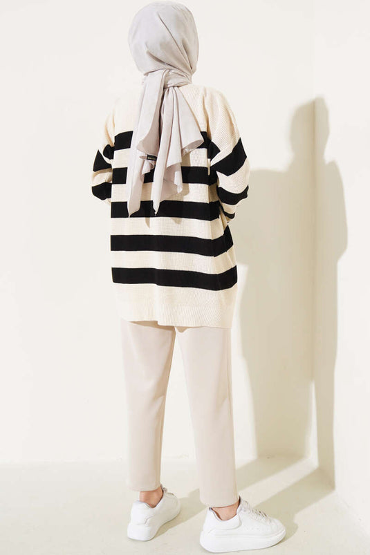 Çizgili Pirinç Örgü Salaş Triko Tunik Bej