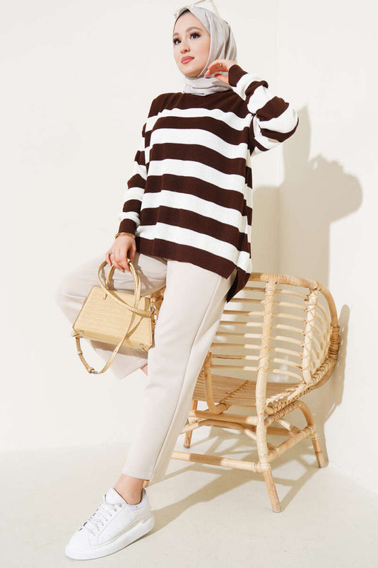 Tunique ample en maille rayée marron