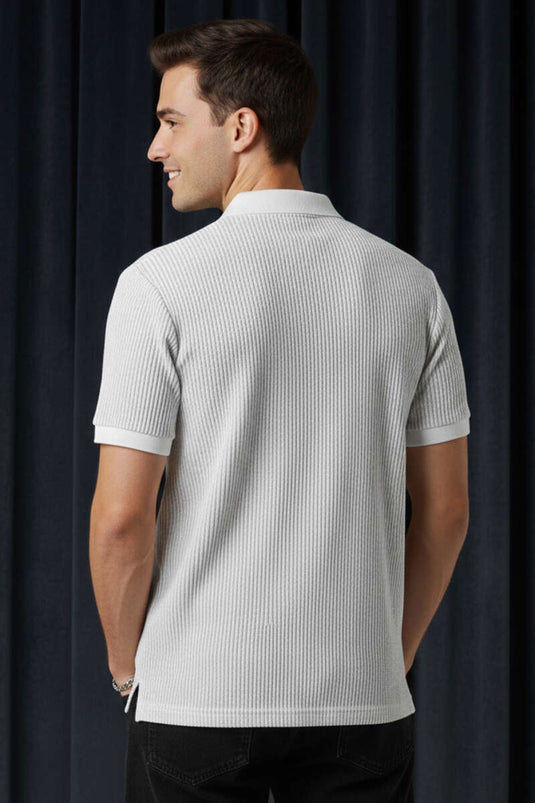 T-shirt homme gris à rayures avec col polo et boutons