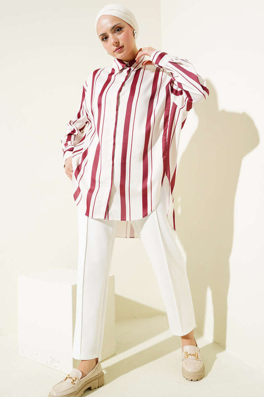 Striped Casual Satin Shirt Burgundy