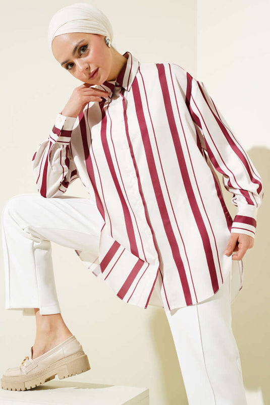 Striped Casual Satin Shirt Burgundy