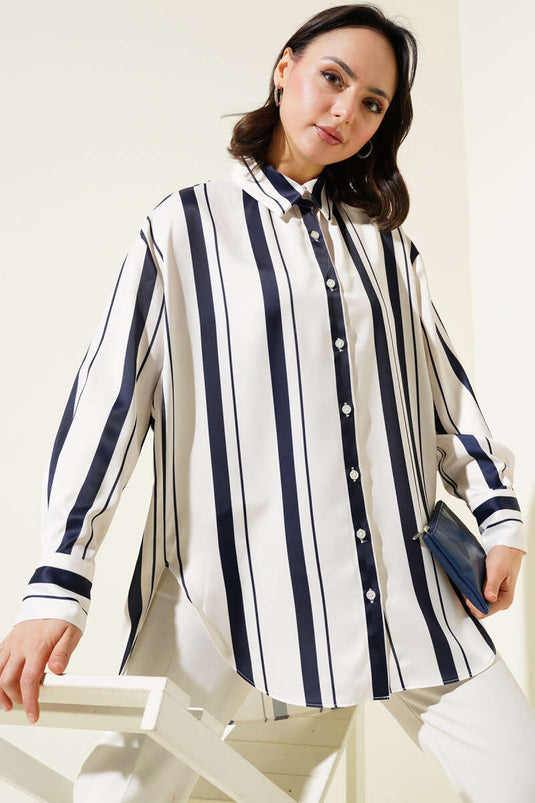 Striped Casual Satin Shirt Navy Blue