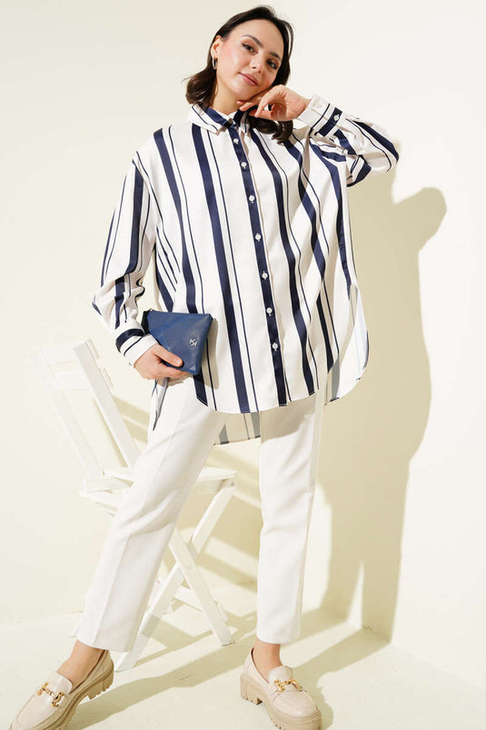 Striped Casual Satin Shirt Navy Blue