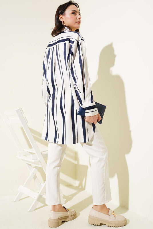 Striped Casual Satin Shirt Navy Blue