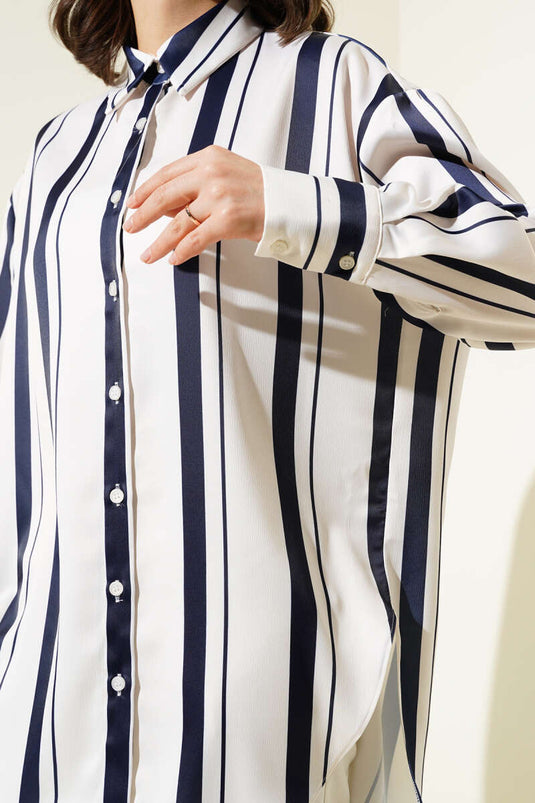 Striped Casual Satin Shirt Navy Blue