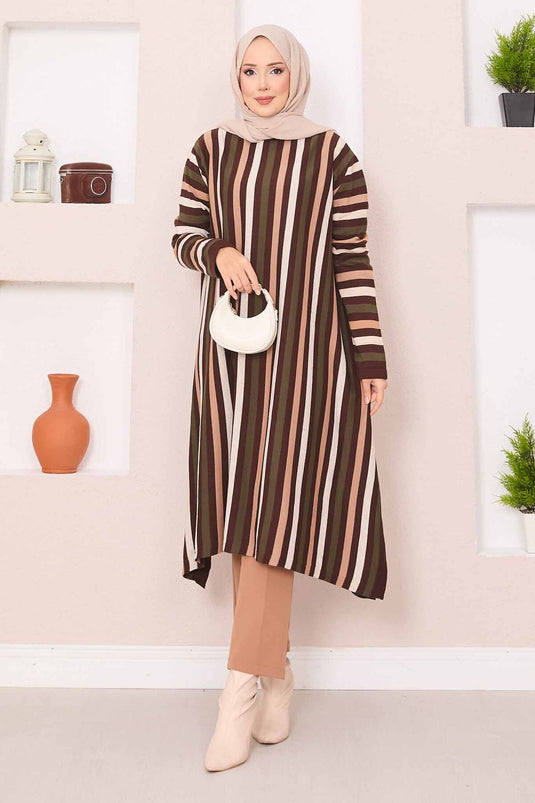 Striped Loose Knit Tunic Brown