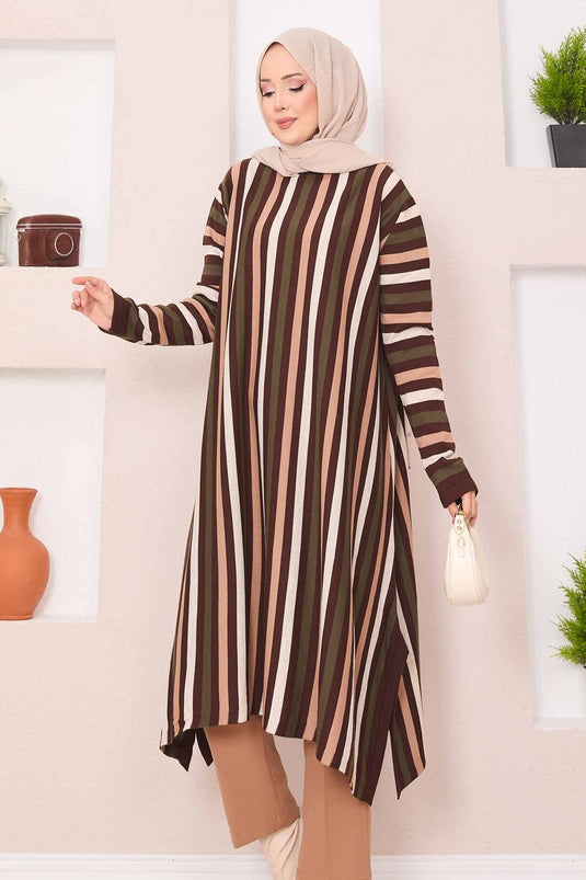Striped Loose Knit Tunic Brown