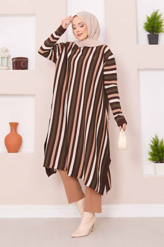 Striped Loose Knit Tunic Brown