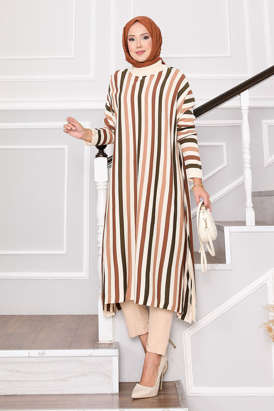 Striped Loose Knit Tunic Cream