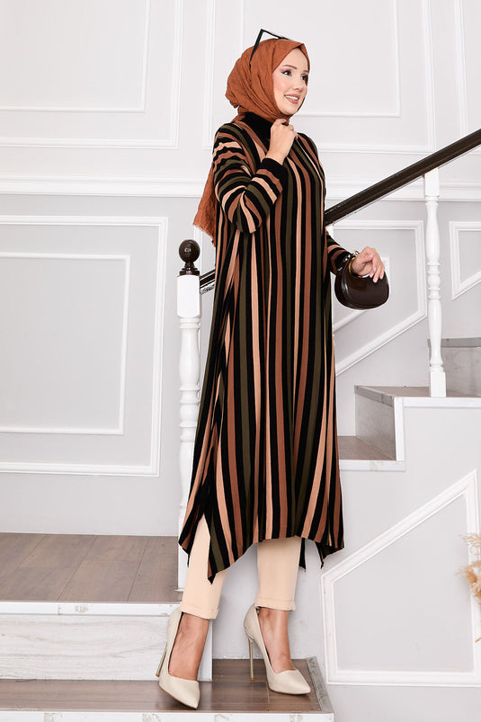 Çizgili Salaş Triko Tunik Siyah