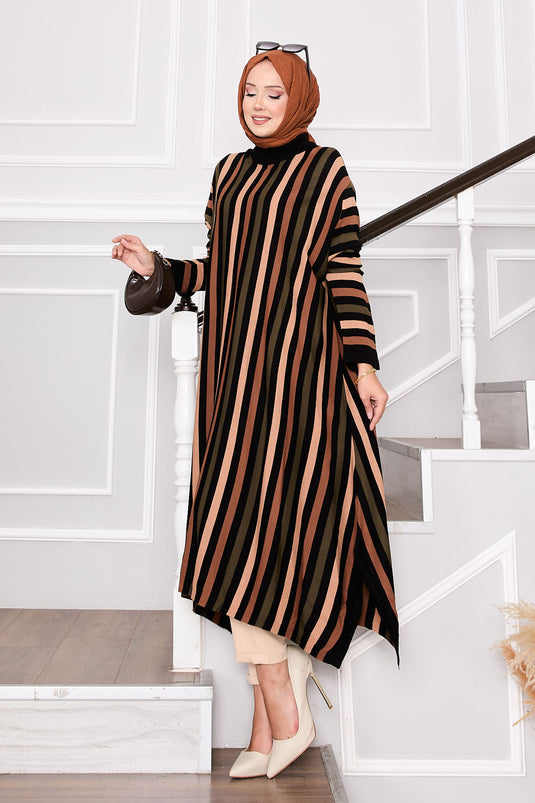 Çizgili Salaş Triko Tunik Siyah