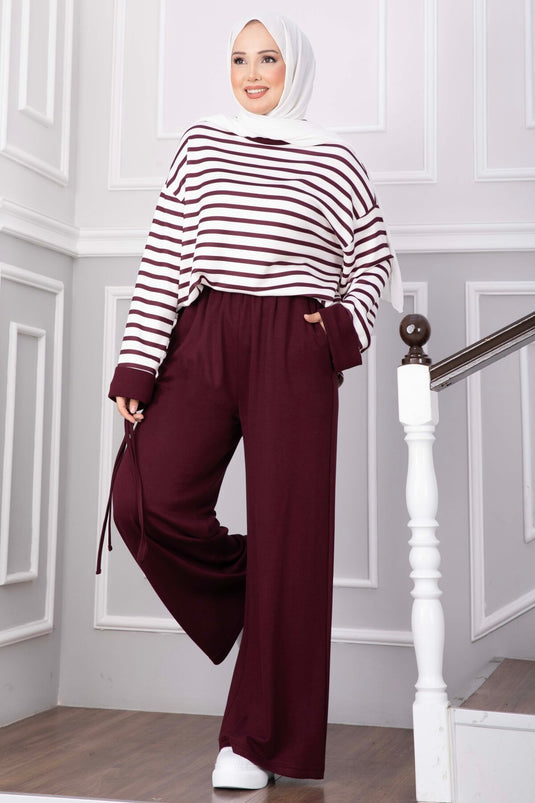 Çizgili Salaş Tunik Pantolon Takım Mürdüm