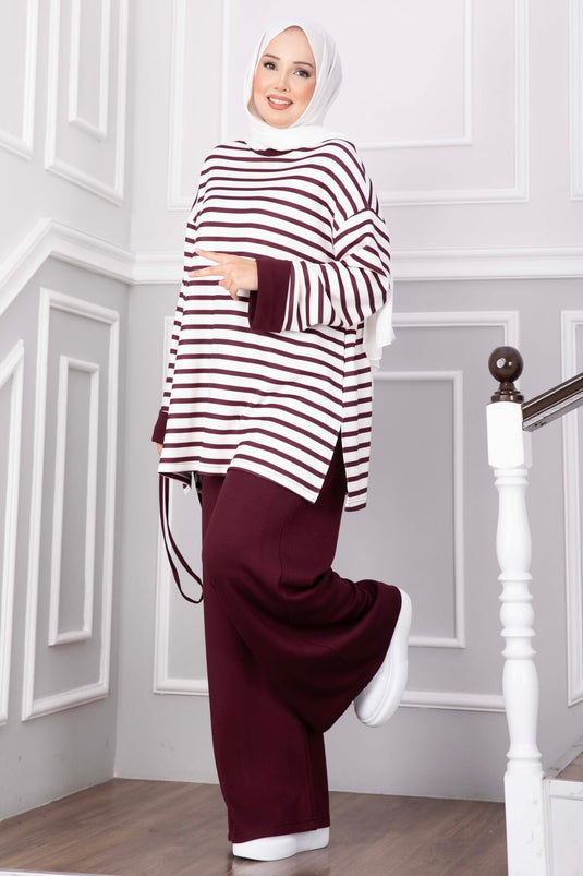 Çizgili Salaş Tunik Pantolon Takım Mürdüm