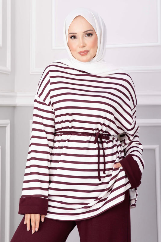 Çizgili Salaş Tunik Pantolon Takım Mürdüm
