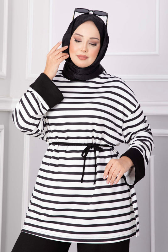 Çizgili Salaş Tunik Pantolon Takım Siyah