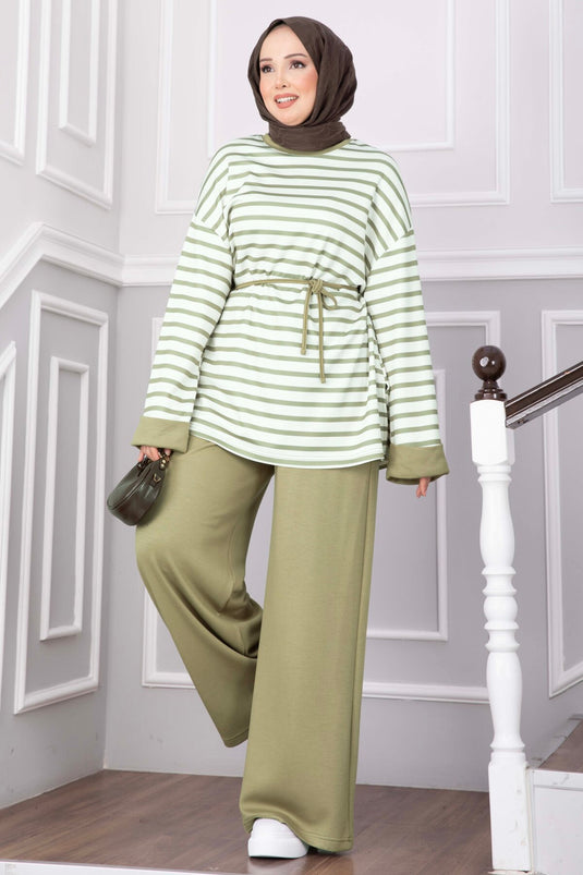 Çizgili Salaş Tunik Pantolon Takım Yeşil Olive