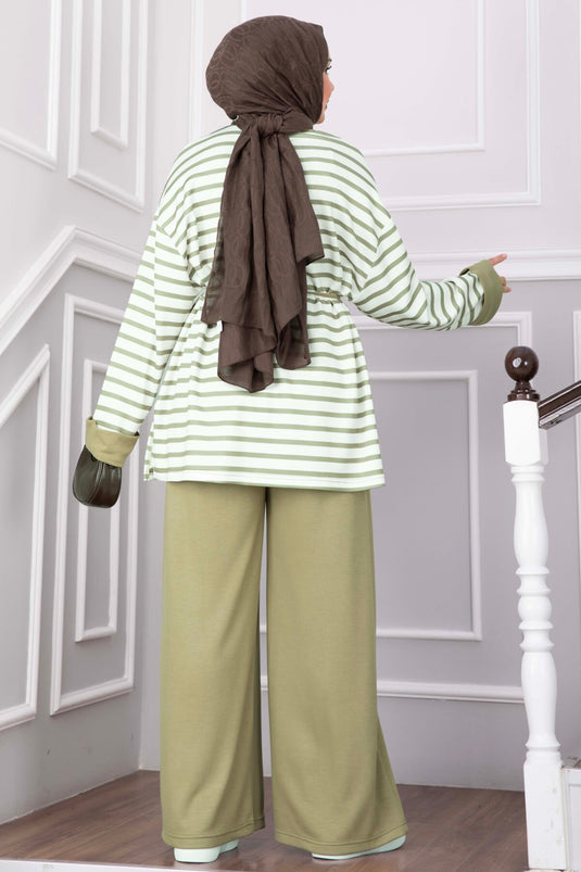 Çizgili Salaş Tunik Pantolon Takım Yeşil Olive