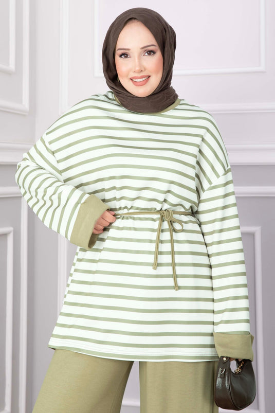 Çizgili Salaş Tunik Pantolon Takım Yeşil Olive