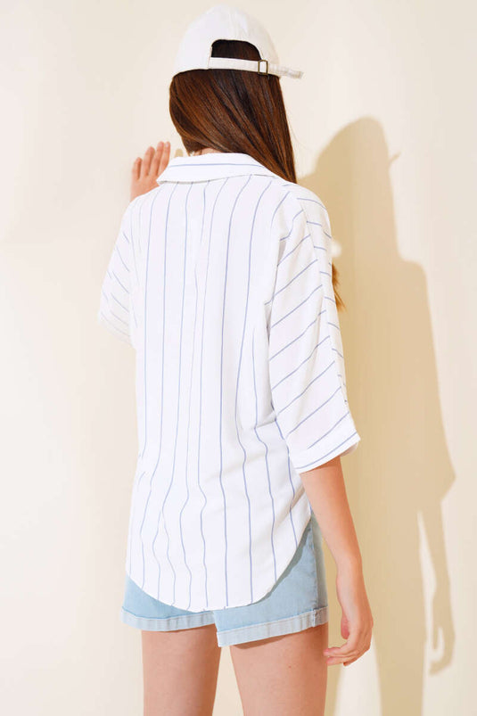 Striped Oversized Bat Sleeve Shirt Blue