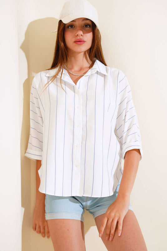 Striped Oversized Bat Sleeve Shirt Blue