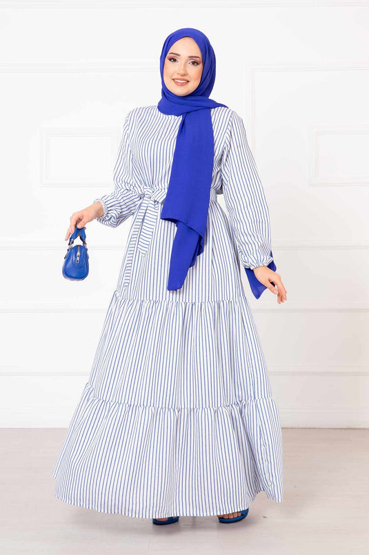 Striped Mobile Belted Linen Modest Dress White