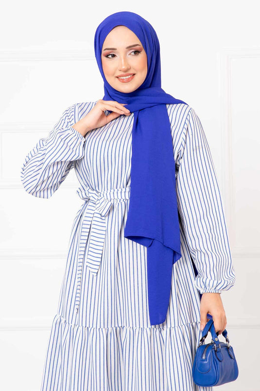 Striped Mobile Belted Linen Modest Dress White