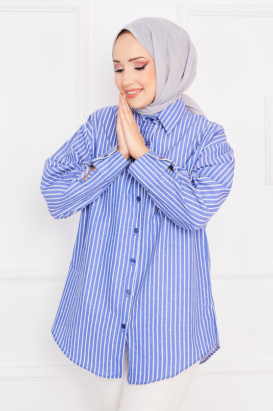 Chemise hijab à rayures et pierres dispersées indigo