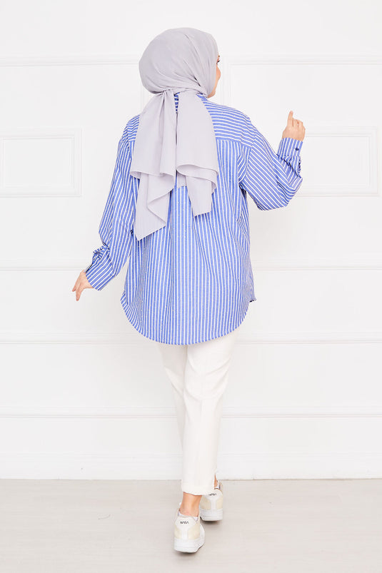 Camicia Hijab a Righe con Pietre Sparse Indaco