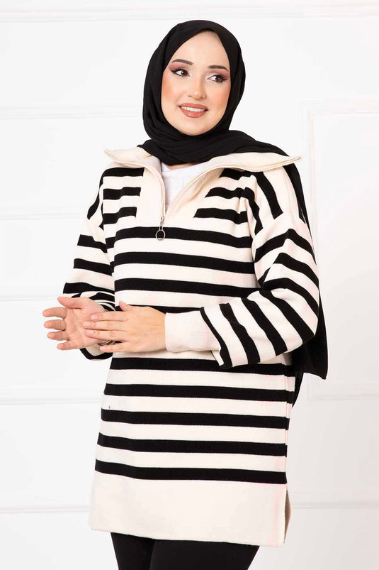 Striped Knit Tunic Ecru