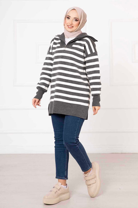 Striped Knit Tunic Gray