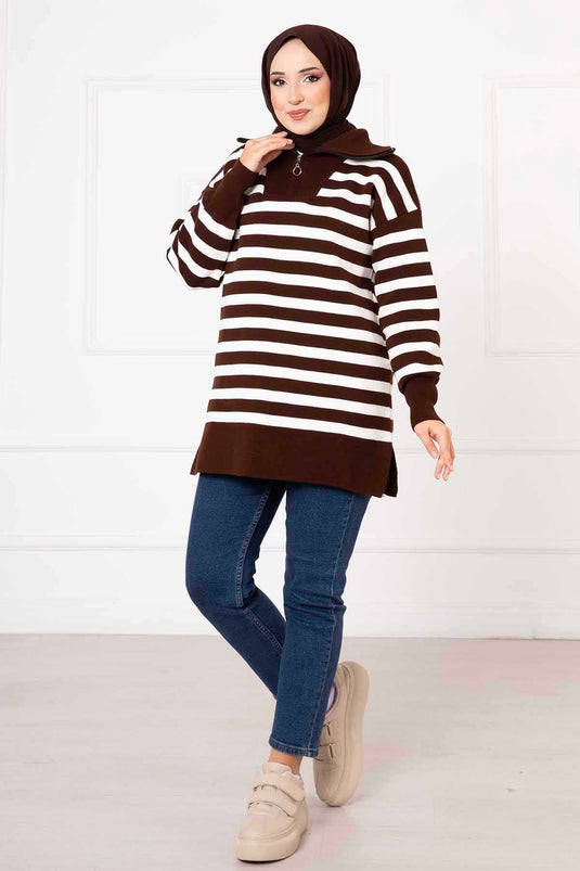 Striped Knit Tunic Brown