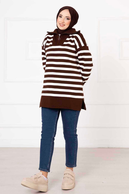 Striped Knit Tunic Brown