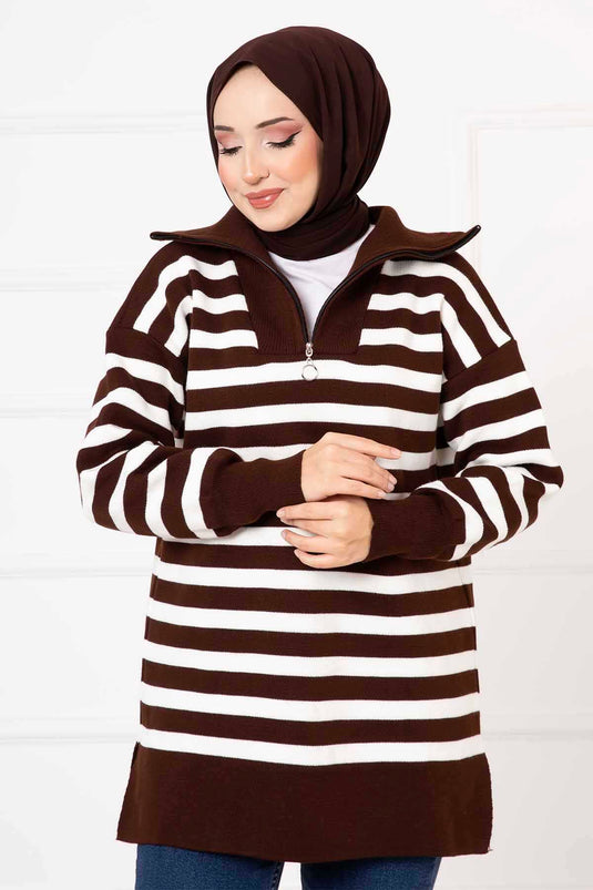 Striped Knit Tunic Brown