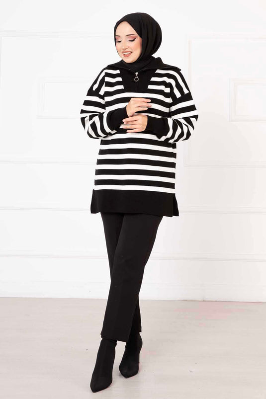 Striped Knit Tunic Black