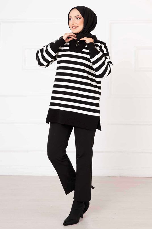 Striped Knit Tunic Black