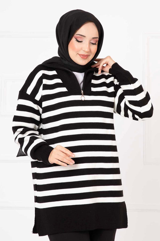 Striped Knit Tunic Black