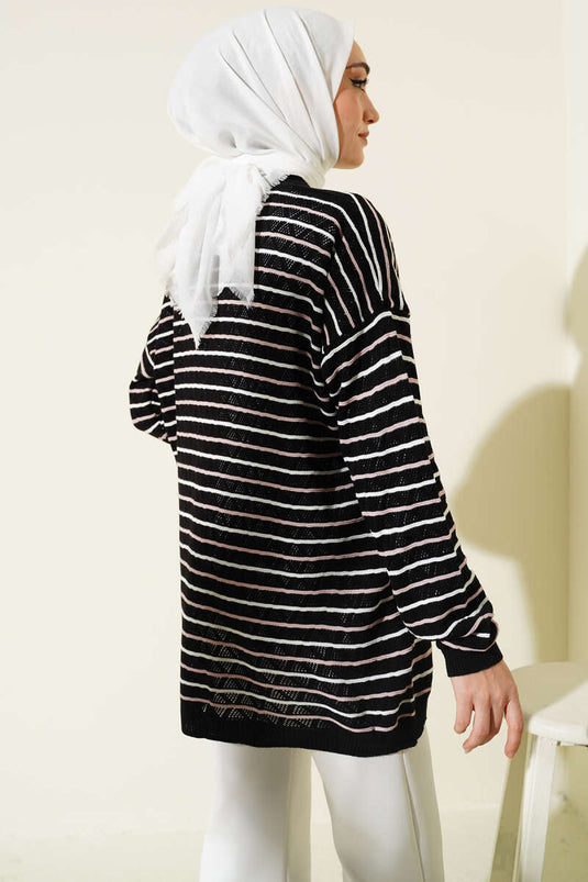 Striped Triangle Openwork Knit Cardigan Black