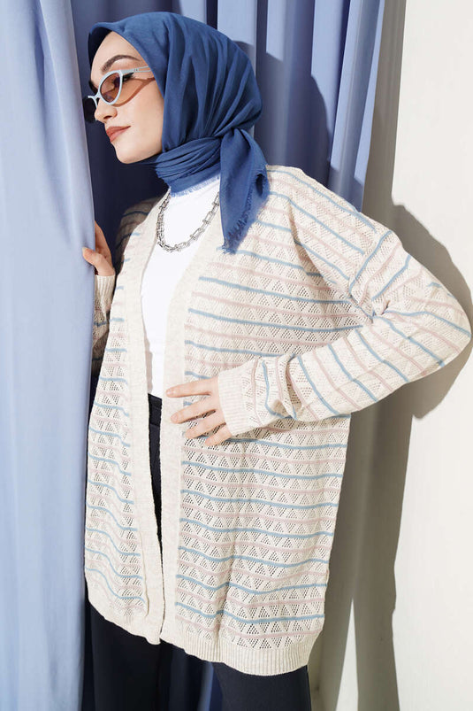 Cardigan en tricot ajouré triangulaire rayé couleur pierre