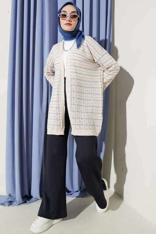 Cardigan en tricot ajouré triangulaire rayé couleur pierre
