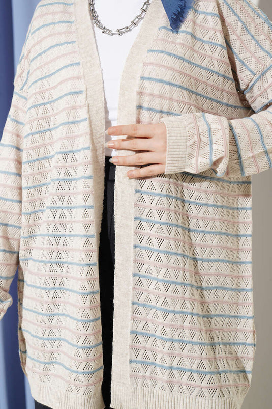 Cardigan en tricot ajouré triangulaire rayé couleur pierre